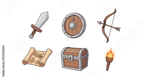 Cartoon illustrations of various fantasy items, including a sword, shield, bow and arrow, treasure map, chest, and torch Vector illustration