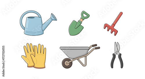 Set of garden tools, ready for the gardening season. Includes watering can, shovel, rake, gloves, wheelbarrow, and pruning shears Vector illustration