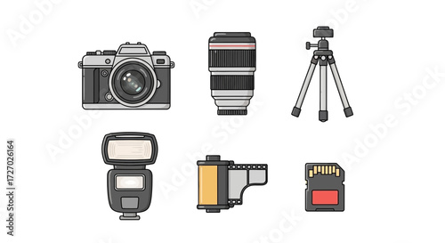 Collection of essential photography equipment for a professional photographer including camera, lens and tripod Vector illustration