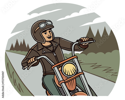 Biker character in leather jacket and helmet riding a chopper motorcycle with long handlebars, flames painted on the fuel tank, and an open highway behind.