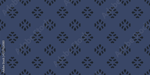 Vector abstract background. Simple geometric floral seamless pattern with flower silhouettes, diamond shapes, leaves. Retro-inspired texture. Subtle dark blue repeating geo design for print, textile