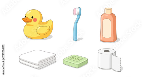 A collection of bath essentials arranged for everyday use, including a rubber ducky, a toothbrush, shampoo bottle, towels, a bar of soap, and a toilet paper roll. Vector illustration