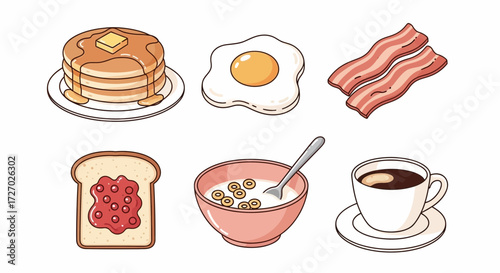 Delicious breakfast with various food items on display. Featuring pancakes, eggs, bacon, toast, cereal, and coffee. Vector illustration