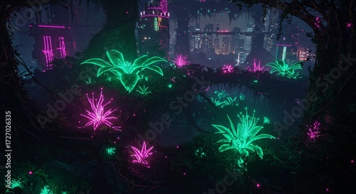 Ethereal Alien Rainforest with Glowing Flora and Distant High-Tech Urban Architecture