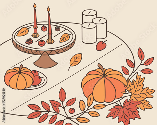 Autumn Table Setting, An elegant table setting decorated with miniature pumpkins, colorful fall leaves, candles, and seasonal fruits for Thanksgiving or Halloween celebrations.