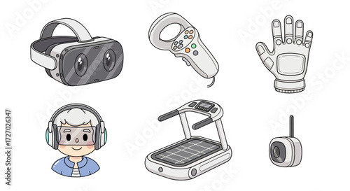 VR headset, controller and other devices used in the metaverse or virtual reality with an illustrated style  Vector illustration