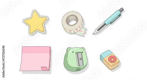 Collection of stationery items for creativity and office work. The set features a star, tape, pen, note, sharpener, and eraser Vector illustration