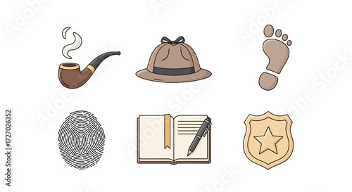 Detective's tools for investigation. A collection of icons of a smoking pipe, hat, footprints, fingerprint, notebook, and badge Vector illustration
