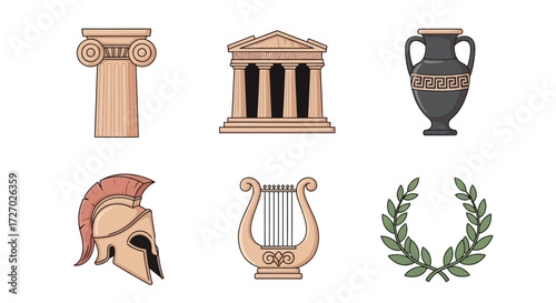 Greek Icons Representing Classical Architecture, Objects, and Symbols Vector illustration