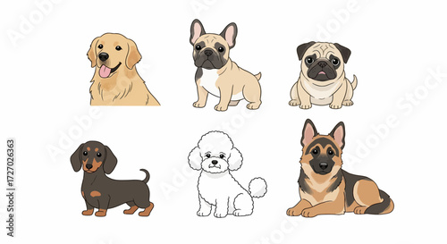 Different cute dog breeds illustration with smiling faces. The dogs including golden retriever, french bulldog, pug, dachshund, poodle, and german shepherd Vector illustration