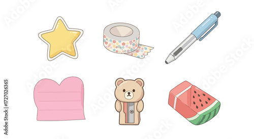 A colorful flatlay collection of cute stationery elements, including a star, tape, pen, mitten, bear, and eraser Vector illustration