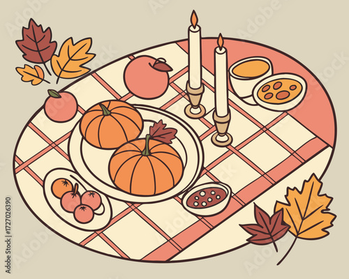 Autumn Table Setting, An elegant table setting decorated with miniature pumpkins, colorful fall leaves, candles, and seasonal fruits for Thanksgiving or Halloween celebrations.