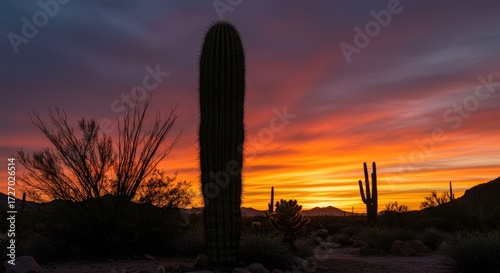 Sunset silhouette of desert saguaro cactus