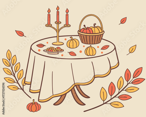 Autumn Table Setting, An elegant table setting decorated with miniature pumpkins, colorful fall leaves, candles, and seasonal fruits for Thanksgiving or Halloween celebrations.