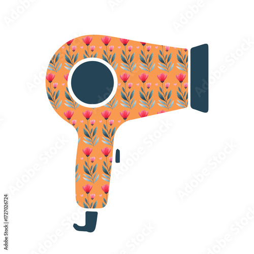 Hair dryer with watercolor pattern, vector illustration. Handmade effect, decorative design, isolated on white background. Beauty salon accessory, modern hair styling tool, trendy clipart in flat styl