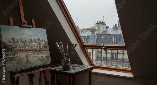 Artists attic studio with cityscape view