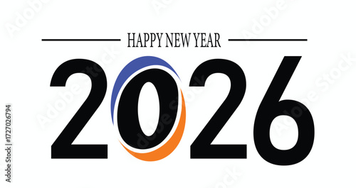 Happy new year 2026 text with a stylized 0 featuring blue and orange swirls, isolated on a white background