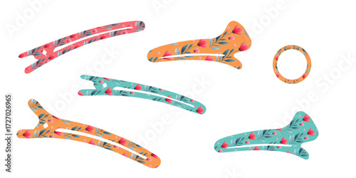 Hairpins, clips, hair ties with watercolor pattern, vector illustration. Handmade effect, decorative design, isolated on white background. Beauty salon accessory, modern hair styling tool, trendy clip