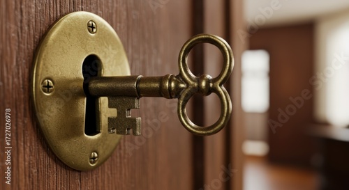 Antique key in lockhole doorway interior