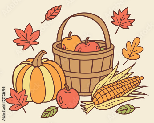 Autumn harvest still life illustration showing pumpkins, apples, corn cobs, and colorful fallen leaves around a wicker basket, with warm orange and brown shades