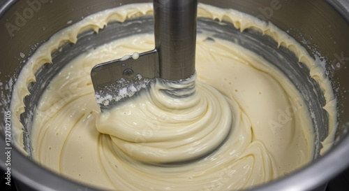 Mixing creamy substance in large bowl