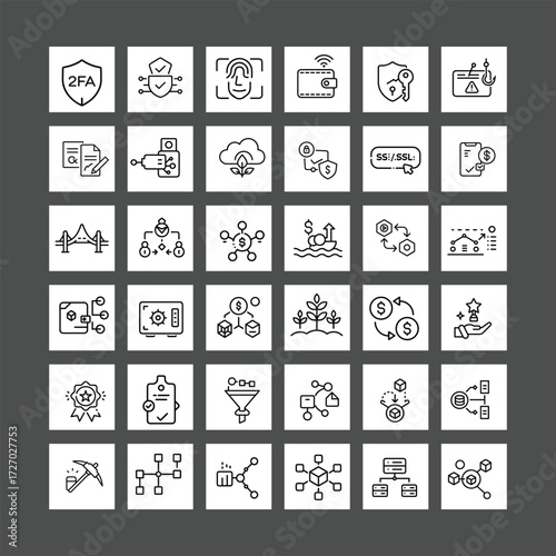 36 Crypto Icon Mega Bundle – Blockchain, DeFi, Wallet Security, Node Network, Mining, and Web3 Finance Vector Icons