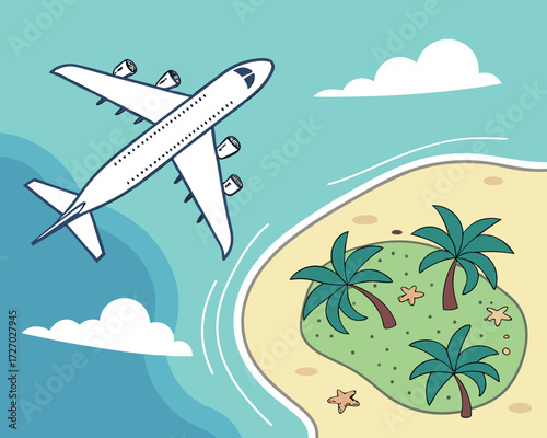 A white passenger airplane flying low above a turquoise ocean approaching a small tropical island with palm trees, sandy beach, and clear blue sky with a few fluffy clouds.