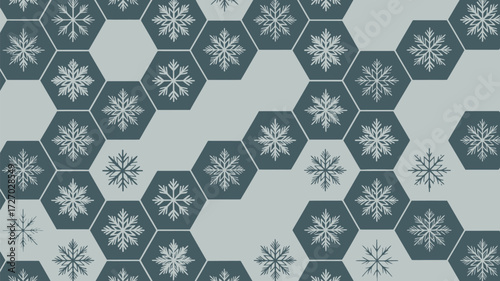 A repeating pattern of snowflakes inside hexagons on a gray background creating a wintery design