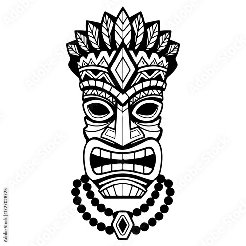 Black and white illustration of a traditional Polynesian Tiki mask with a beaded necklace.