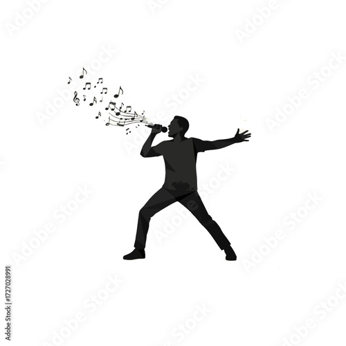 Silhouette of a man singing with musical notes emanating from his mouth.