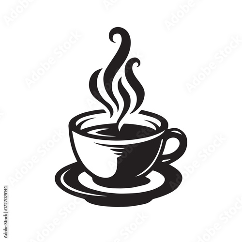 Steaming hot coffee cup and saucer silhouette with wisps of aroma rising