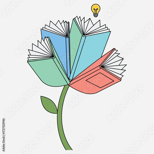 Growth Through Reading A Vibrant Conceptual Illustration of Open Books Forming a Blooming Flower, Symbolizing Education, Intellectual Development, and the Spark of New Ideas