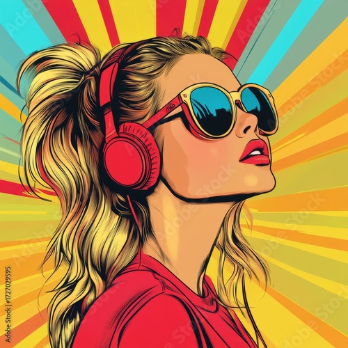 Pop art retro style pretty blonde young woman wearing sunglasses on vibrant colorful background. Created with, Generative AI