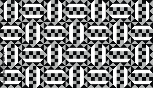 A seamless geometric black and white pattern featuring bold squares, triangles, and striped rectangles