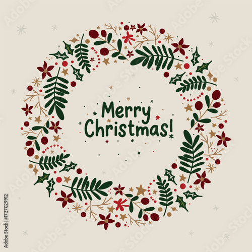 Christmas drawing, spruce branches, plants, Christmas trees. Holiday illustration. Holiday postcard with a wreath.
