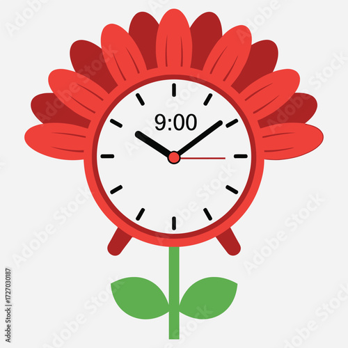 Stylized graphic illustration of a vibrant red flower featuring an integrated clock face, symbolizing natural timing, growth, and the rhythmic flow of daily life and schedules