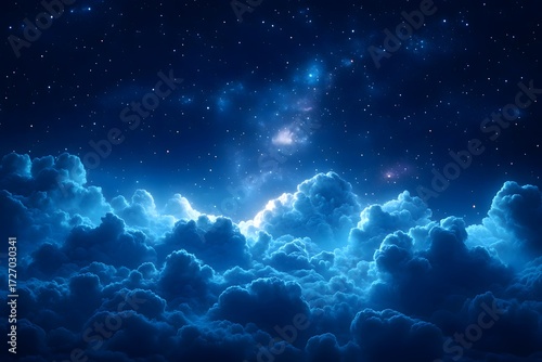 A celestial view of fluffy blue clouds under a starry night sky with bright light shining through