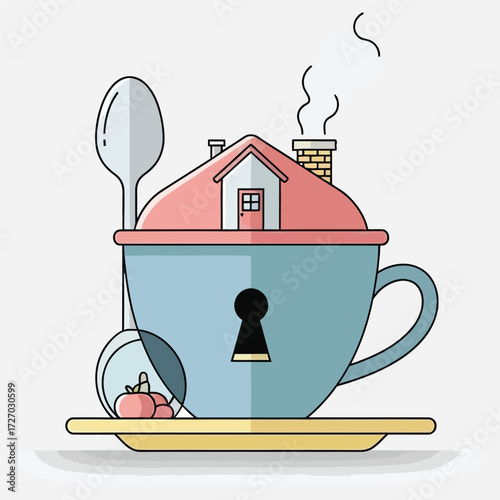 Cozy Home Teacup Illustration A Whimsical Blend of Comfort and Imagination, Featuring a House-Shaped Mug with Keyhole Detail and Teatime Elements