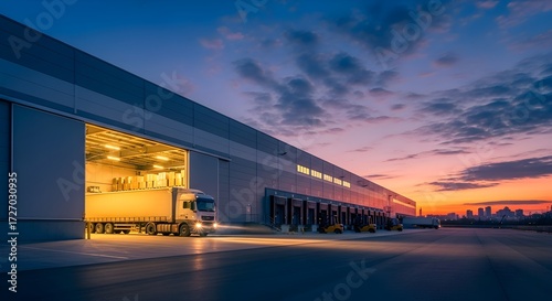 Sunrise at the Distribution Center Truck Loading at Warehouse Docks for Efficient Logistics