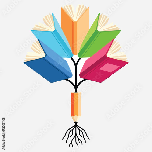 Books forming a tree growing from a pencil, representing knowledge and education