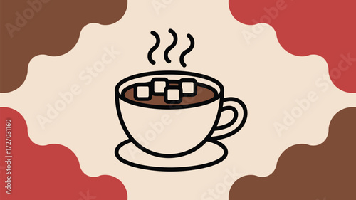 A drawing of a cup of hot chocolate with marshmallows on a saucer with steam and a patterned background