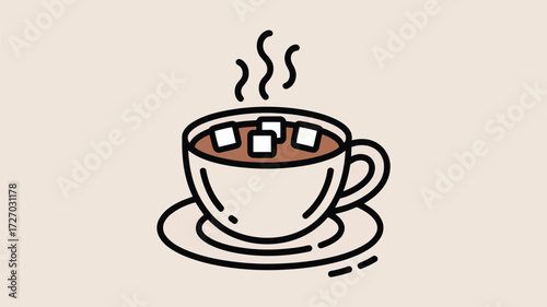 Illustration of a cup of hot chocolate with marshmallows and steam on a saucer isolated