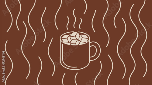 A steaming mug filled with marshmallows on a brown background with wavy lines illustration art