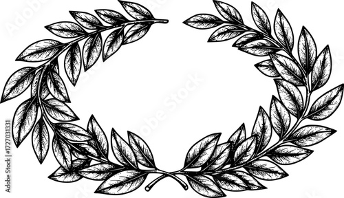 Hand drawn laurel wreath illustration with detailed black and white leaves. Vector illustration
