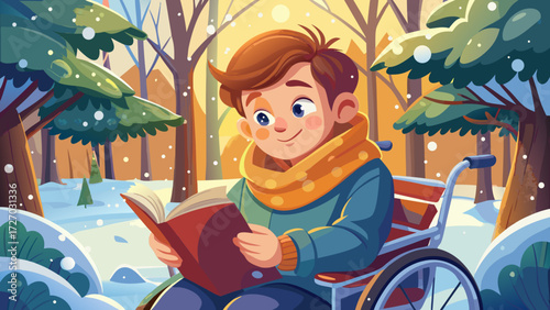 A very beautiful close up portrait of young boy sitting in wheelchair and reading book, cozy winter clothes, city park covered with white snow, cold breeze yet warm joy on his face.