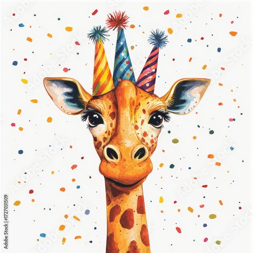 Funny cartoon party giraffe head isolated over white background. Colorful joyful greeting card for birthday or other festive events. Created with, Generative AI