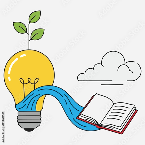 Conceptual illustration of innovation and knowledge, depicting a glowing lightbulb with a plant symbolizing growth, connected by a flowing stream to an open book representing learning and wisdom