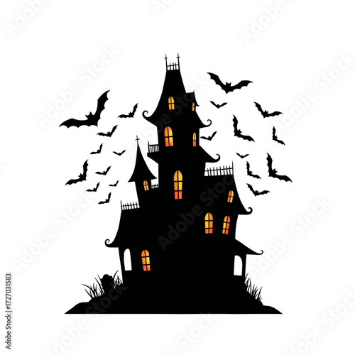 A spooky black silhouette of a haunted house with glowing windows, surrounded by a swarm of flying bats on a white background.