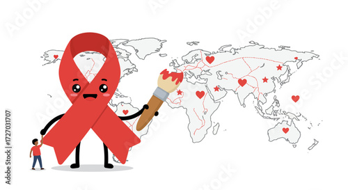 A cartoon red ribbon character painting red hearts on a world map, symbolizing global awareness and connection for a cause.