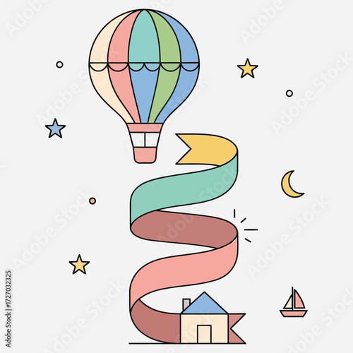 Whimsical hot air balloon with a flowing ribbon carrying a quaint house, set against a starry night sky with a crescent moon and a sailboat